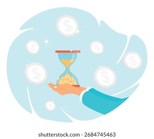 Saving Time And Money concept. A hand supporting an hourglass with coins, symbolizing saving money, time management, and financial growth in a optimistic, modern style.