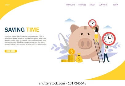 Saving time vector website template, web page and landing page design for website and mobile site development. Business people putting clocks into piggy bank. Time is money.