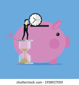 Ahorro de tiempo para trabajar en un banco de cerdas, ilustración vectorial de estilo plano