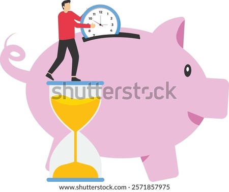 Saving time to work put in a piggy bank, Vector illustration in flat style

