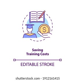 Saving Training Cost Concept Icon. Reduce Spending For Education. Cut Expenses For Course. Online Coaching Idea Thin Line Illustration. Vector Isolated Outline RGB Color Drawing. Editable Stroke