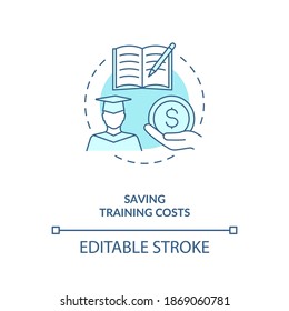 Saving Training Cost Turquoise Concept Icon. Reduce Spending For Education. Cut Expenses. Online Coaching Idea Thin Line Illustration. Vector Isolated Outline RGB Color Drawing. Editable Stroke