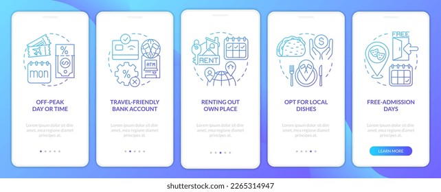Saving travel money tips onboarding blue gradient mobile app screen. Budget walkthrough 5 steps graphic instructions with linear concepts. UI, UX, GUI template. Myriad Pro-Bold, Regular fonts used