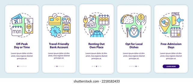 Guardando consejos de viaje a bordo de la pantalla de la aplicación móvil. Recorte de costos de viaje a través de 5 pasos instrucciones gráficas editables con conceptos lineales. UI, UX, plantilla GUI. Multitud de tipos de letra Pro-Bold, con uso regular