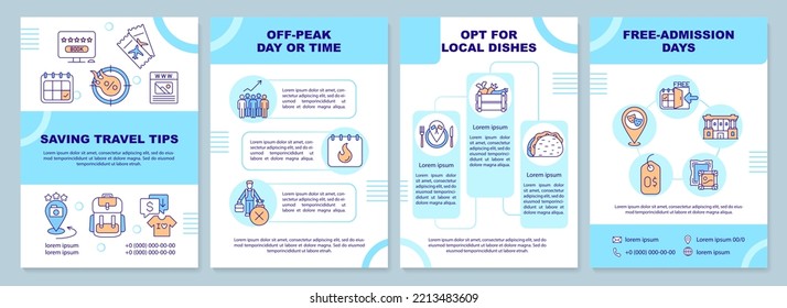 Saving travel tips turquoise brochure template. Trip budget. Leaflet design with linear icons. Editable 4 vector layouts for presentation, annual reports. Arial-Black, Myriad Pro-Regular fonts used