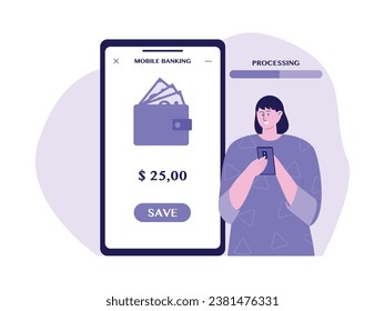 Saving via mobile banking application using smartphone, fast and safe process, bank vector illustration.