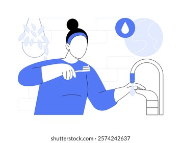 Saving water isolated cartoon vector illustrations. Woman brushes teeth and turns off the tap, life preservation, people eco-friendly lifestyle, environmental protection vector cartoon.