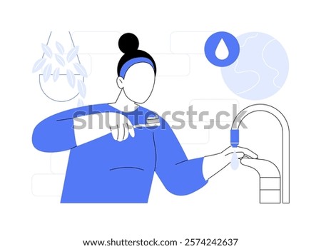 Saving water isolated cartoon vector illustrations. Woman brushes teeth and turns off the tap, life preservation, people eco-friendly lifestyle, environmental protection vector cartoon.