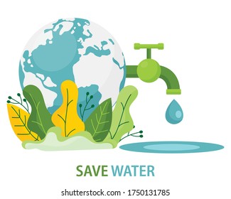 saving water and the planet. ecology concept with natural elements. vector illustration in flat design. The tap flows with the world. sustainable and environmentally friendly.