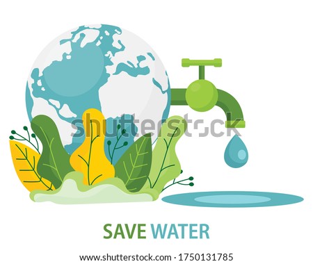 saving water and the planet. ecology concept with natural elements. vector illustration in flat design. The tap flows with the world. sustainable and environmentally friendly.