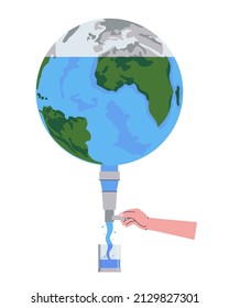 Die Rettung der Wasserressourcen des Planeten. Verringerter Konsum von Trinkwasser aufgrund des Mangels an Leitungswasser und der Erschöpfung des Planeten. Flache Vektorgrafik. EPS10