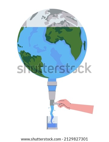 Saving water resources of the planet. Reduced consumption of drinking water due to lack of tap water and depletion of the planet. Flat vector illustration. Eps10