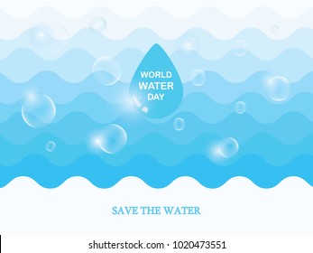 Saving water and world environmental protection concept. World water day. Card for your design.Water droplets with the background are waves of blue tones.