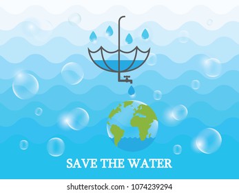 Saving water and world environmental protection concept. World water day. Card for your design.Water droplets with the background are waves of blue tones.