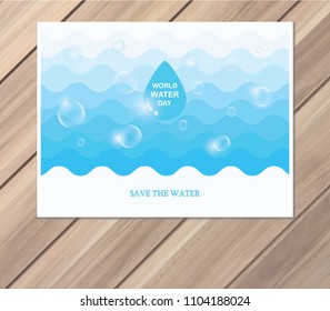 Saving water and world environmental protection concept. World water day. Card for your design.Water droplets with the background are waves of blue tones.