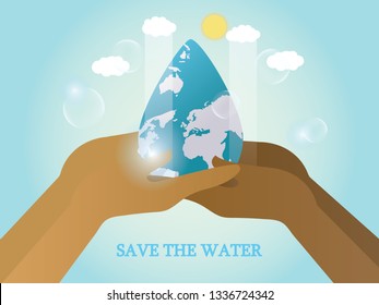 Saving water and world environmental protection concept. World water day. Card for your design.Water droplets with the background are waves of blue tones with hands of people help to embrace water