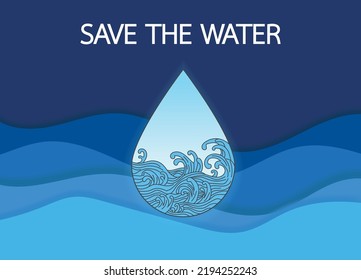 Saving water and world environmental protection concept. World water day. Card for your design.Water droplets with the background are waves of blue tones.