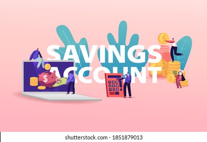 Savings Account Concept. Tiny Characters With Huge Piggy Bank, Calculator And Golden Coins Collect Money, Bank Deposit, Family Finance Budget Poster Banner Flyer. Cartoon People Vector Illustration