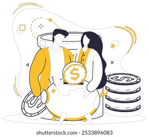Savings account. A couple with a piggy bank and coins symbolizes financial planning and security. Ideal for family budgeting, future savings, financial education, investment, and money management