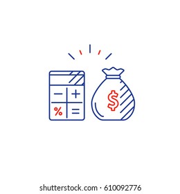 Savings Account, Financial Audition, Finance Management, Budget Planning Concept, Project Money Bag, Estimate Investment Risks, Business Analytics, Loan Calculation, Vector Mono Line Icon