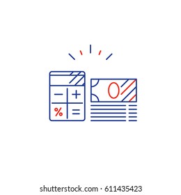Savings account, financial audition, finance management, budget planning, project money, bank note bills stack, estimate investment risks, business analytics, loan calculation, vector mono line icon