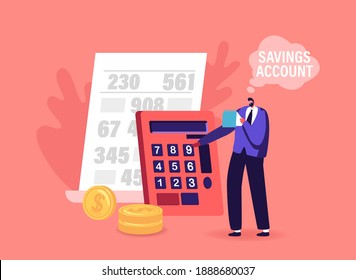 Savings Account, Financial Success Concept. Man Collecting and Saving Money. Tiny Male Character with Calculator and Coins Counting Budget, Capital or Deposit Income. Cartoon Vector Illustration