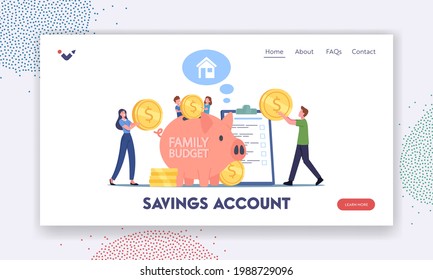 Savings Account Landing Page Template. People Earn and Save Money, Universal Basic Income, Capital, Wealth, Family Budget. Tiny Characters Collect Coins in Huge Piggy Bank. Cartoon Vector Illustration