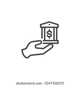 Savings Account line icon. linear style sign for mobile concept and web design. Hand holding bank outline vector icon. Financial planning symbol, logo illustration. Vector graphics