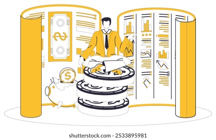 Savings account. A man in business attire sits meditating on a stack of coins. Surrounding him are financial charts and a piggy bank. Ideal for financial planning, saving strategies, investment