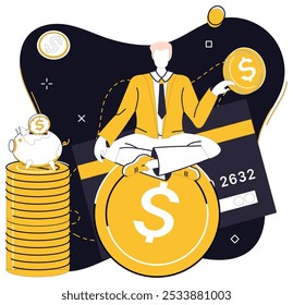 Savings account. A man in a suit sits on top of a large coin, holding a smaller coin in his hand, with a stack of coins, a piggy bank, and a credit card around him. Ideal for illustrating financial