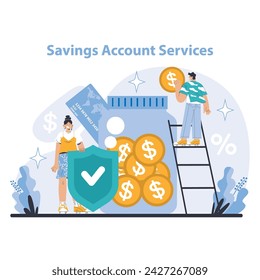 Savings Account Services concept. Secure financial growth and interest accrual visualized in personal banking. Trust and stability in savings. Flat vector illustration.
