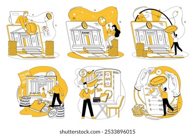 Savings account. Shows people interacting with banks, depositing and managing money. Ideal for finance, banking, saving, investments, personal finance. Simple line art style