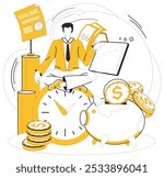 Savings account. This image shows a person with a piggy bank, coins, and clock, symbolizing financial growth through saving. Ideal for financial planning, time management, budgeting, investing