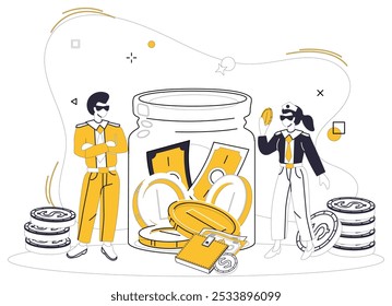 Savings account. Two people standing near a jar with money and coins, representing saving and financial management. Ideal for personal finance, banking, saving goals, wealth management, financial