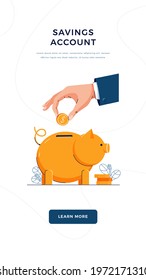 Savings account vector illustration. Hand is putting coin into the piggy bank for saving money. financial services, money management business, savings account concept. Flat cartoon design
