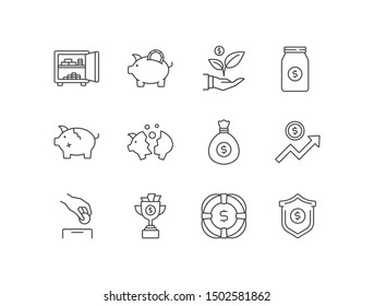 Savings accounts, personal banking related line icons with broken piggy bank, open safe, jar with money, life buoy. 