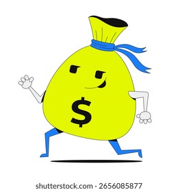 Personaje de bolsa de ahorros que ejecuta la ilustración ui de incorporación 2D. Divertida y enérgica mascota del moneybag del dólar. Concepto de dibujos animados de motivación financiera de devolución de dinero aislado en blanco. Metáfora de Vector abstracto plano
