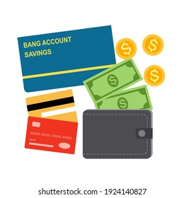 Savings Bank Account Book, Wallet, Credit Card, Dollar Coins And Banknotes In Flat Design On White Background. Personal Financial Items Concept.