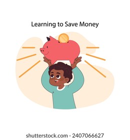 Savings Beginnings concept. A smiling child learns the value of saving money, placing a coin into a piggy bank, fostering early financial responsibility. Flat vector illustration