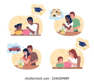 Savings for big purchase 2D vector isolated illustration set. Accumulate money. Family budget flat characters on cartoon background. Colorful editable scene pack for mobile, website, presentation