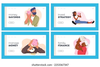 Savings, Budget, Finance Investment Landing Page Template Set. Male and Female Characters Shaking Piggy Bank, People Collecting Money ot Taking Cash from Moneybox. Cartoon Vector Illustration