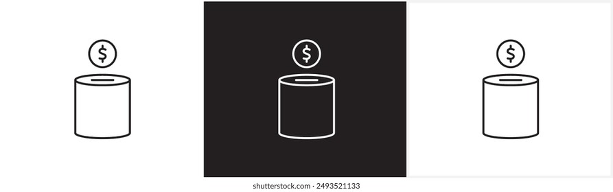 Symbol "Sparen" und Symbol "Finanzen". Dünne Linie Symbol des Sparens. Geld, Ersparnisse, Einkommen, Brieftasche, Dollar, Münzen, Einkommen, Sparschwein, Geldspeicher-Symbole auf schwarz-weiß und transparentem Hintergrund