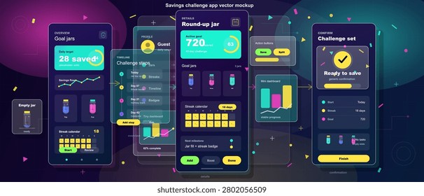 A savings challenge app with several screens. Users can see goals, track savings, and manage their progress. Different charts and options are available for users.