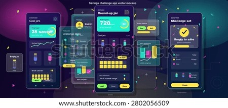 A savings challenge app with several screens. Users can see goals, track savings, and manage their progress. Different charts and options are available for users.
