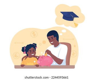 Savings for college costs 2D vector isolated illustration. Father planning daughter education flat characters on cartoon background. Colorful editable scene for mobile, website, presentation