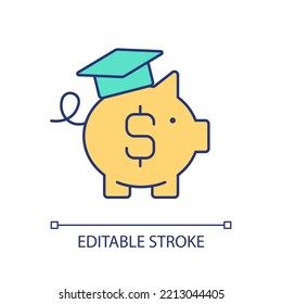 Savings For College RGB Color Icon. Piggy Bank With Mortar Board And Dollar. Education Expenses. Isolated Vector Illustration. Simple Filled Line Drawing. Editable Stroke. Arial Font Used