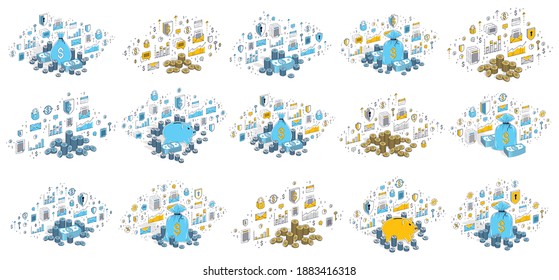 Savings concept 3D vector illustrations set isolated on white background, with bank and moneybag, retirement savings, investment, credit and deposit, financial safety.