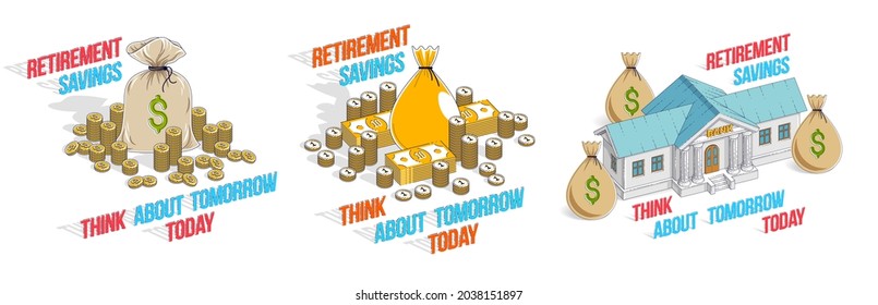 Savings concept 3D vector illustrations set isolated on white background, retirement savings, investment, credit and deposit, financial safety.