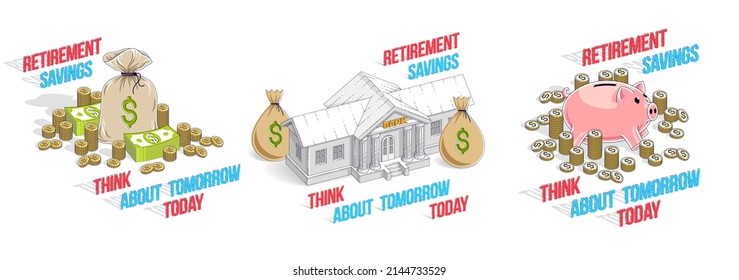 Savings concept 3D vector illustrations set isolated on white background, retirement savings, investment, credit and deposit, financial safety.
