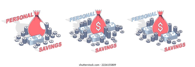 Savings concept 3D vector illustrations set isolated on white background, retirement savings, investment, credit and deposit, financial safety.